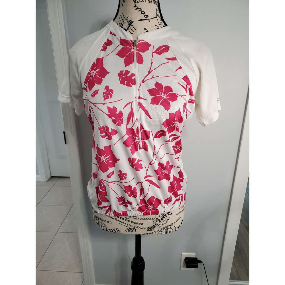 C9 by Champion Womens Cycling Jersey Pink Floral White Short Sleeve Small